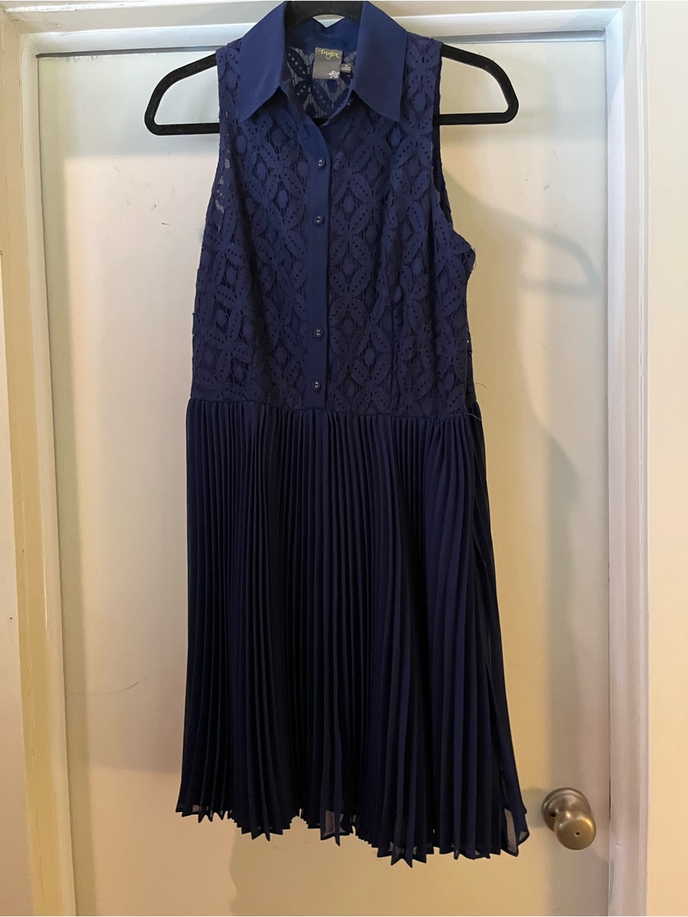 Taylor Navy Blue Strapless-Look Lace & Pleated Collared Dress